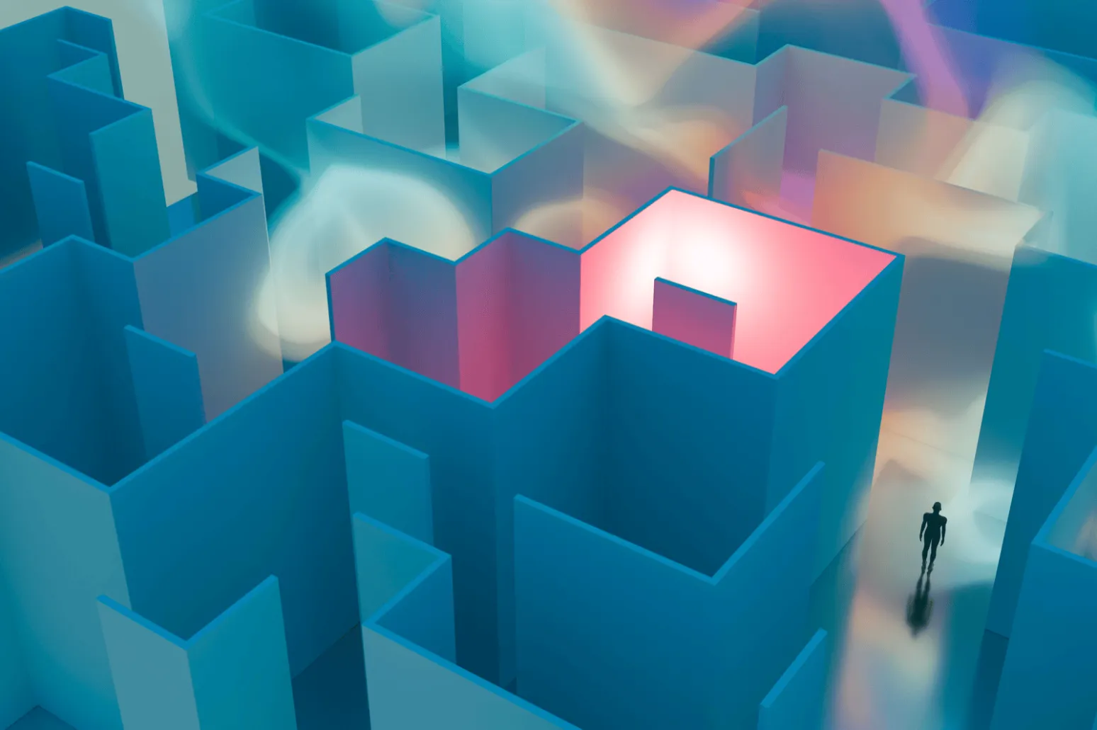 A lone figure walks through a vast blue maze with a single chamber glowing pink.